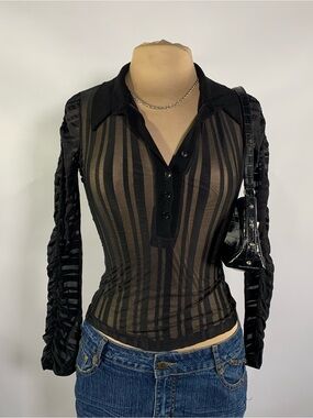 Y2K LVL X Sheer Striped Ruched Sleeve Collared Top